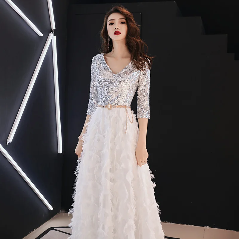С v-образным вырезом невесты вечерние платье Для женщин блесток Cheongsam пол-Длина свадебное Ципао элегантные длинные платья Роскошные Свадебные платья Vestido S-XXL