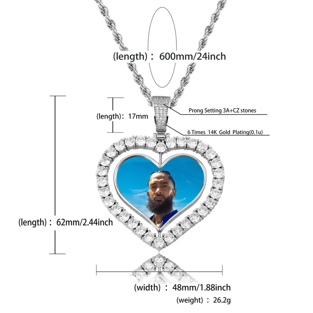 TOPGRILLZ Heart Shaped Custom Photo Spin Double Sided Medallion Pendant Necklace With 4mm Tennis Chain Zircon Hip Hop Jewelry Jewellery a4a426b9b388f11a2667f5: 4mm Tennis chain|Cuban chain|Franco chain|Rope chain
