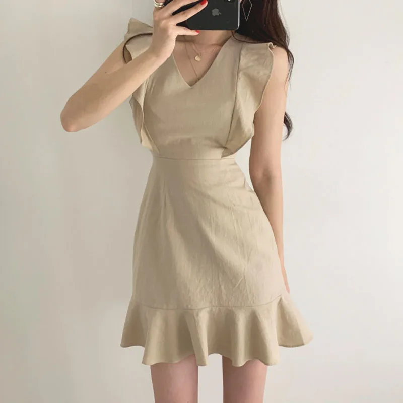 2020 Elegant Plus Size Mini Dresses Women Vintage Trumpet Sleeveless Ruffles Fresh V-Neck Slim Sweet Dress Women Chic Summer