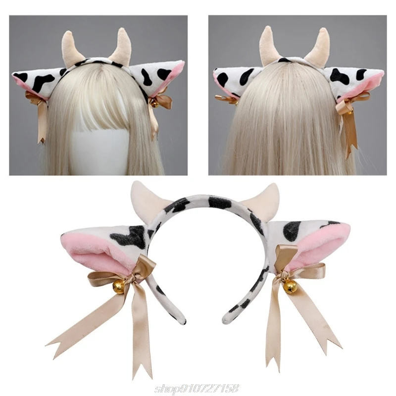 Cartoon Plush Cow Ears Headband with Bells Ribbon Bow Lolita Hair Hoop Kawaii Animal Easter Rabbit Ear Headbands A16 21 Dropship cute halloween costumes