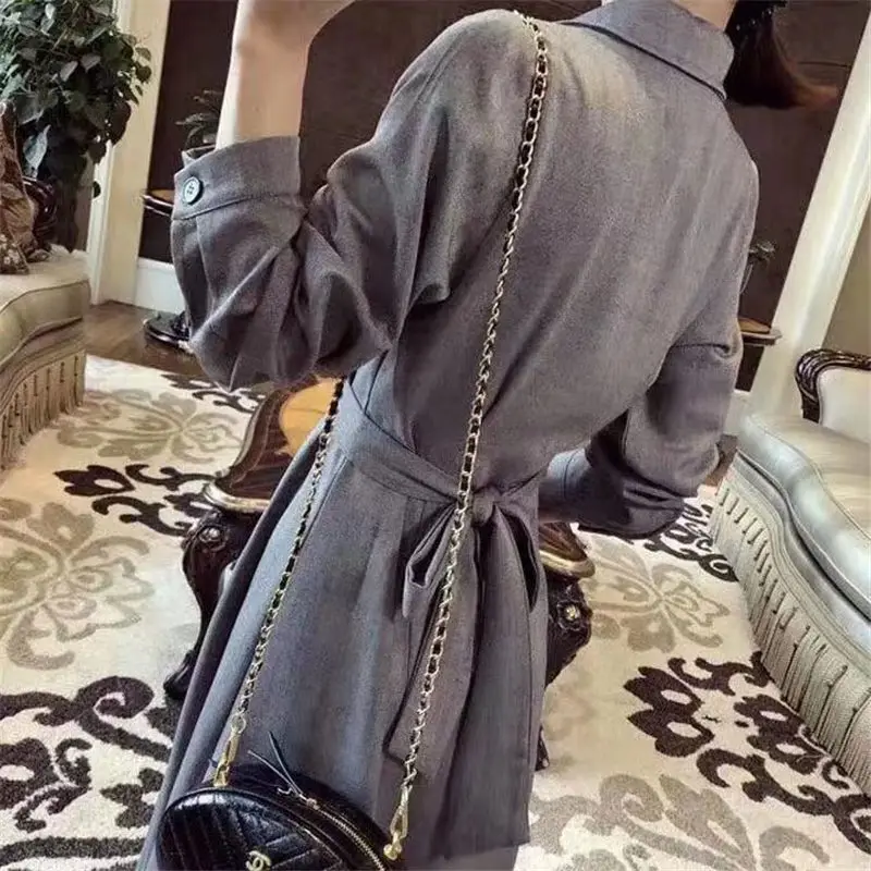 Модное Длинное осеннее женское платье размера плюс, новинка, большие вечерние платья с отворотом и поясом для офиса, элегантные платья f2149
