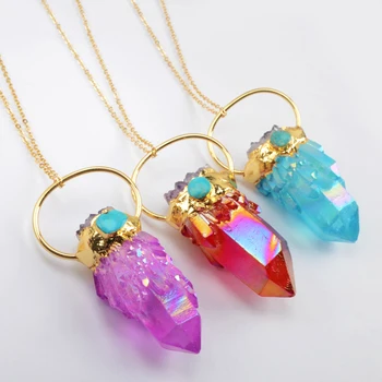 

BOROSA Colorful Aura Crystal Cluster Necklace 26 Inch Gold Titanium Druzy Quartz Necklace With Turquoises Beads Unisex G1944-N