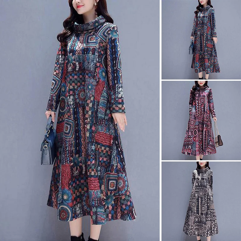 Женское Повседневное платье с принтом и высоким воротником, теплое свободное платье с длинным рукавом, утепленные платья размера плюс, осенние платья в стиле бохо, этническая женская одежда