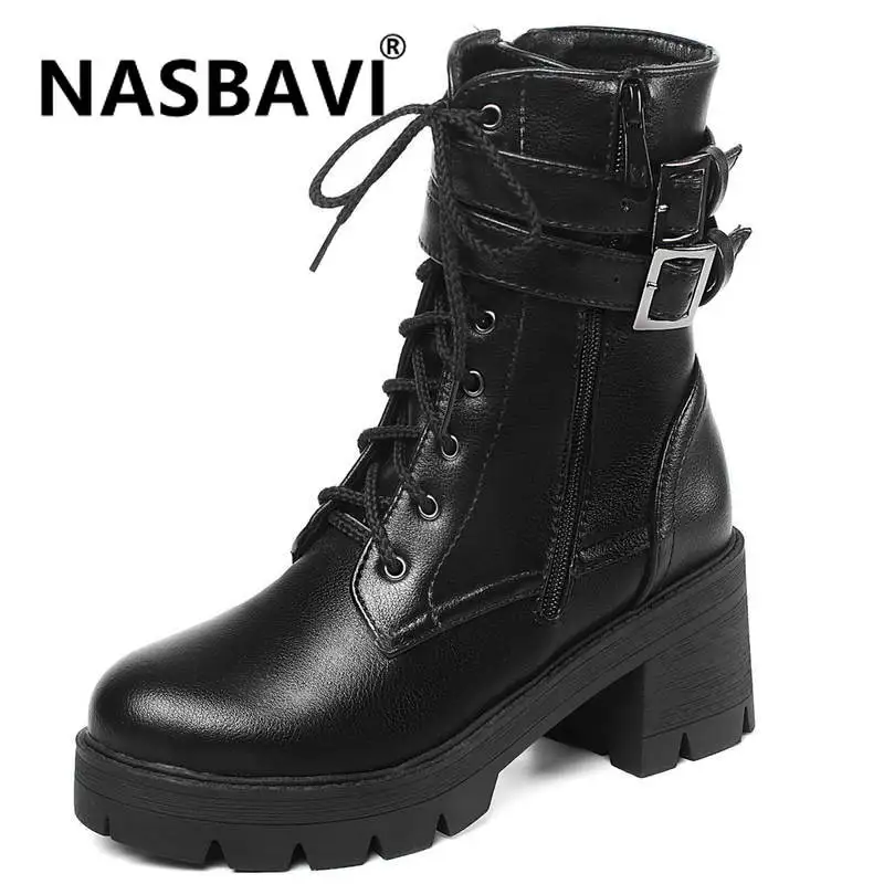 

2019 New PU Lace up Platform Women's Boots Buckle Strap High Heel Martin Boots Women Goth Boots Ankle Boots for Women