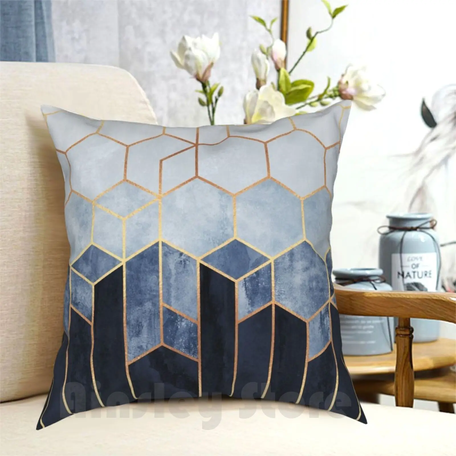 

Мягкая синяя Подушка-шестигранник с рисунком, домашняя мягкая фотообложка, графический абстрактный геометрический современный шестигранный синий