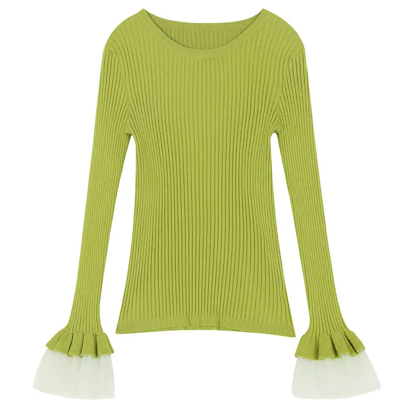 Samstree зеленый однотонный минималистичный контрастный сетчатый свитер с оборками для женщин осенний Черный корейский облегающий офисный женский свитер - Цвет: Зеленый