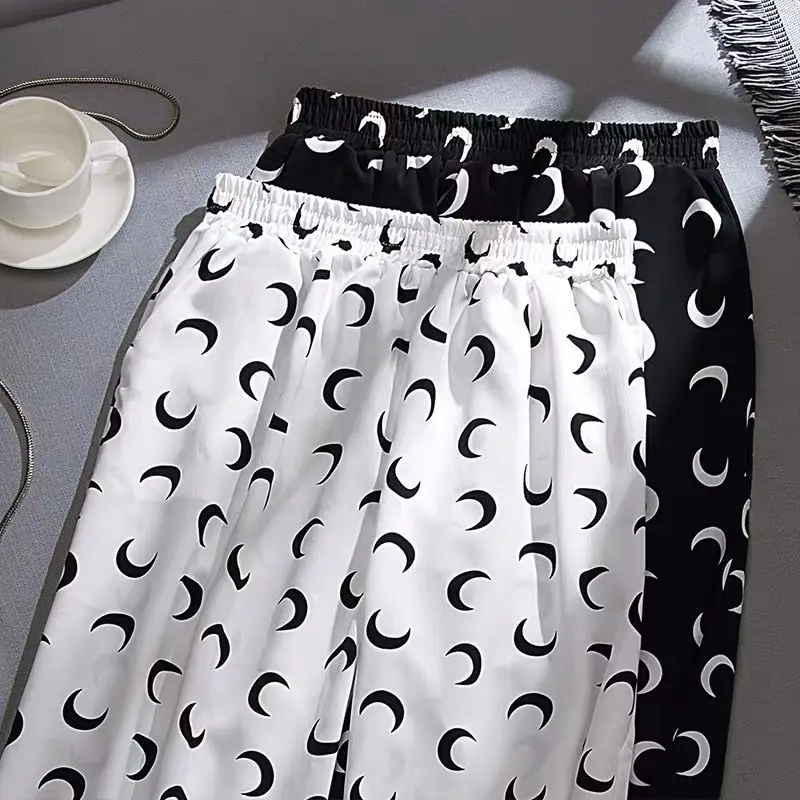 Korean High Waist Moon Pattern Elastics Women Wide Leg Pants Vintage Streetwear Summer Thin Trousers Harajuku Ulzzang | Женская одежда