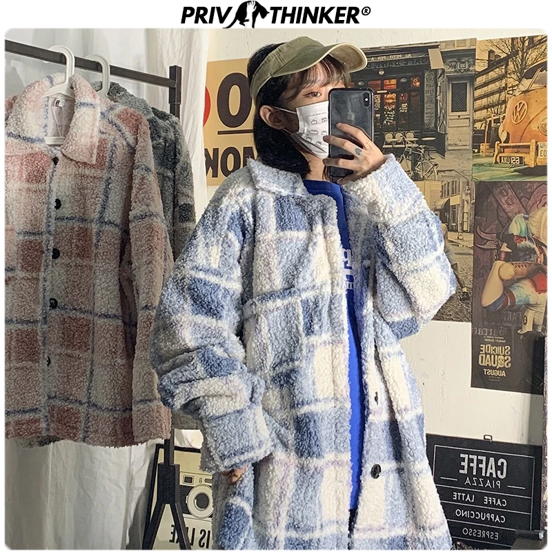 Privathinker, мужские и женские,, клетчатые, повседневные, утолщенные, шерстяные куртки, женская зимняя теплая одежда, пальто для пары, модные куртки, большие размеры