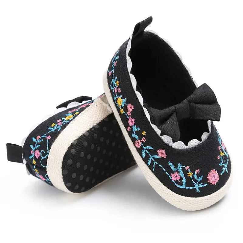 Morrivoe Infant Baby Girls Bowknot Floral Print Crib Shoes Soft Sole Anti-Slip Striped Prewalker Toddler Shoes 