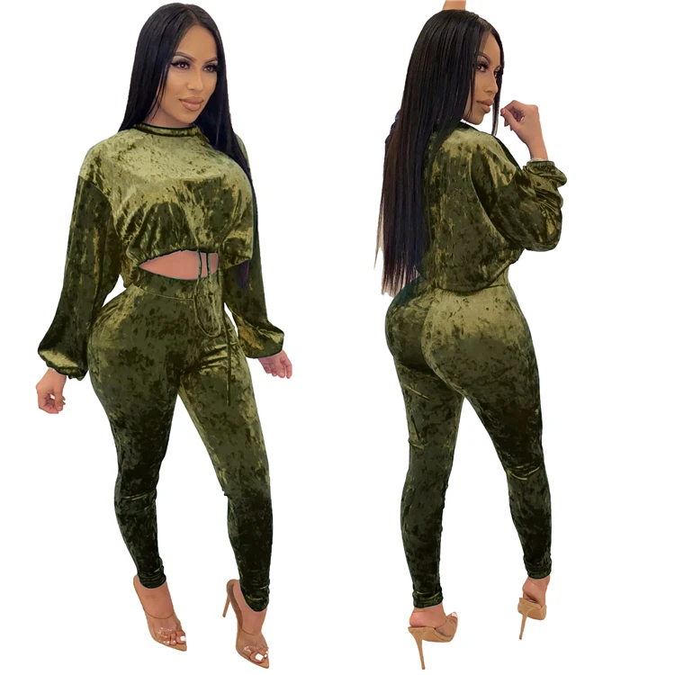 A120202 new stylish long sleeve O neck solid color drawstring velvet womens two piece sweat suits clothing