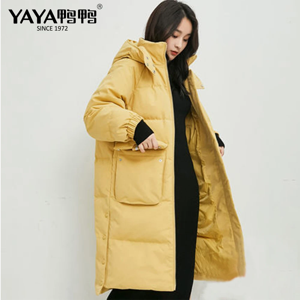 

YAYA New Style Long Down Jacket Women Thick Parcel type coats with a hood female duck down clothes medium black over
