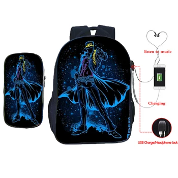 

Boys Girls JoJo's Bizarre Adventure USB Backpack Teens School Bag Students Bookbag Kids Rucksack Gift(2pcs Set/backpack pen Bag)