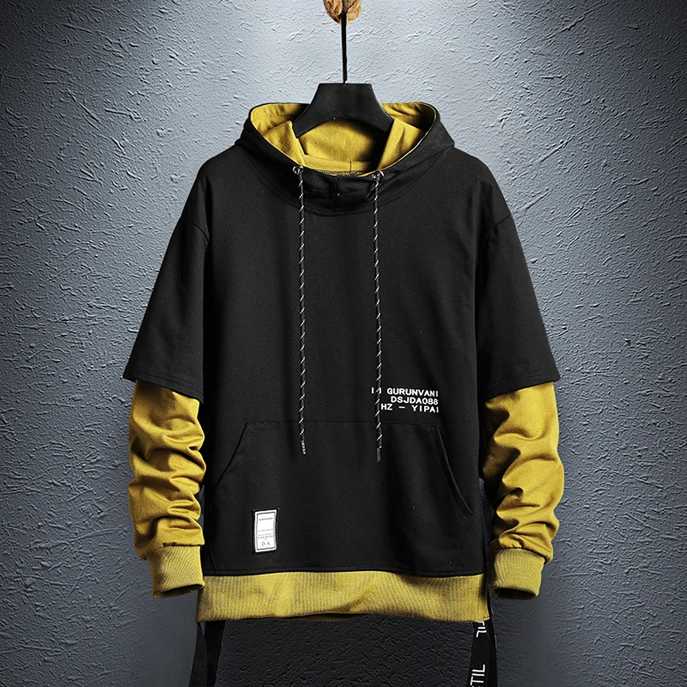 

Men's Hip Hop Pullover Fake Two Piece Patchwork Hoodies Streetwear Casual Clothes Color Block Sweatshirt 2020 New Fashion D13