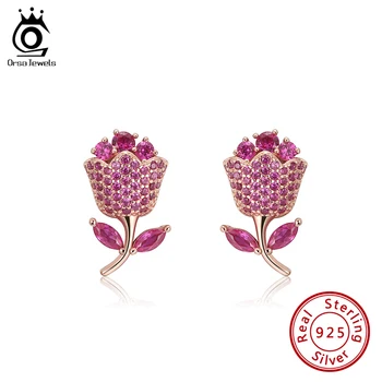 

ORSA JEWELS Pure 925 Sterling Silver Flowers Stud Earrings Elegant Red Gold Color Clear CZ Earrings Stud For Women Jewelry SE279