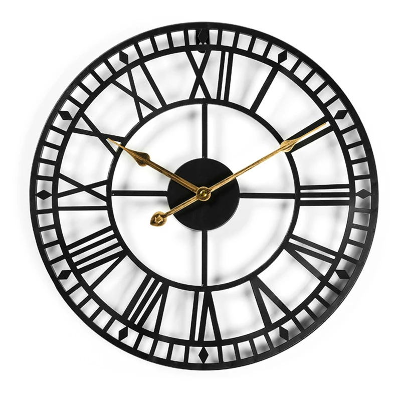 Silver N&Life 24 Inch Roman Numeral Metal Home Décor Wall Clock Large Decorative Oversized Silent Non-Ticking Battery Operated for Country Farmhouse Kitchen Bedroom Living Room .