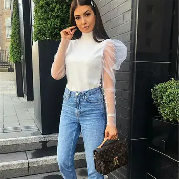 

UK Women Summer See-through Top Sheer Mesh Blouse Long Puff Sleeve Ladies Solid Casusl Autumn Spring