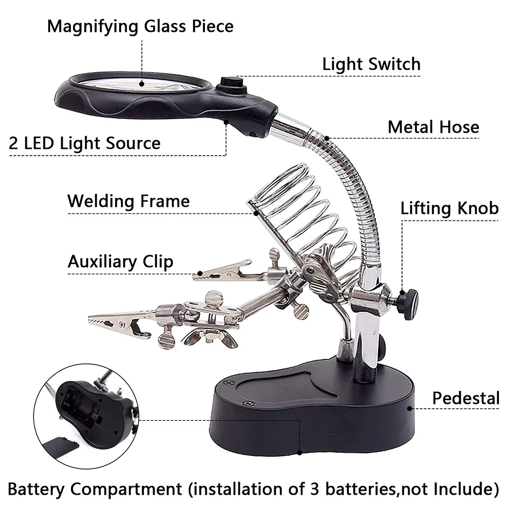 Soldering Iron Welding Magnifying Glass 2 LED 3X 4.5X 25X Helping Hand Rework Magnifier with 3 Tools Boxes Desk Station Repair