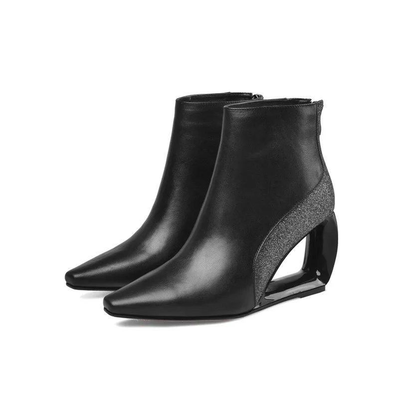 Black MORAZORA autumn winter hot sale genuine leather ankle boots fashion high heels ladies shoes 2 colors women boots - Color: Black
