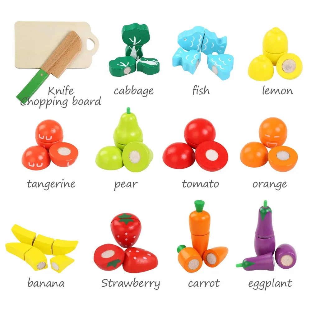 Разделочная Еда деревянный игровой набор игрушек ролевые продукты с ножом фрукты овощи рыба и разделочная доска 13 шт