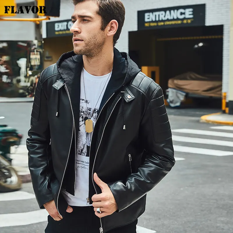 FLAVOR-chaqueta de cuero con capucha extraíble para hombre, chaqueta negra de auténtico, nueva AliExpress Ropa de hombre