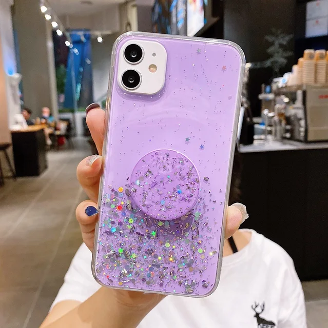 Stand Holder Glitter Case For Vivo X60 X50 X30 X9 X9S X27 Pro X20 V15 V17 V19 V20 SE V21 V21E V5 V7 V9 Plus Silicone Clear Cover Purple