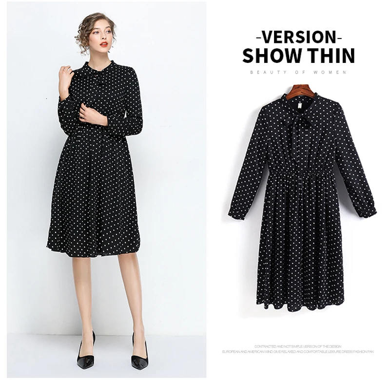 Осенне-зимнее плотное черное платье в горошек для женщин, плюс размер, 5xl, с бантом, с длинным рукавом, повседневные, офисные, вечерние платья, Robe Femme Vestidos Sukienki