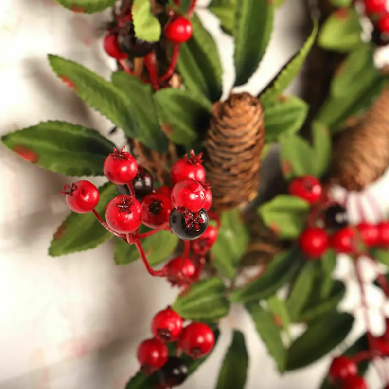Christmas Wreath Artificial Red Fruit Pine Wreath Xmas Tree Wall Door Decors Hanging Wreath Garland Pine Cone Red Berry Décor