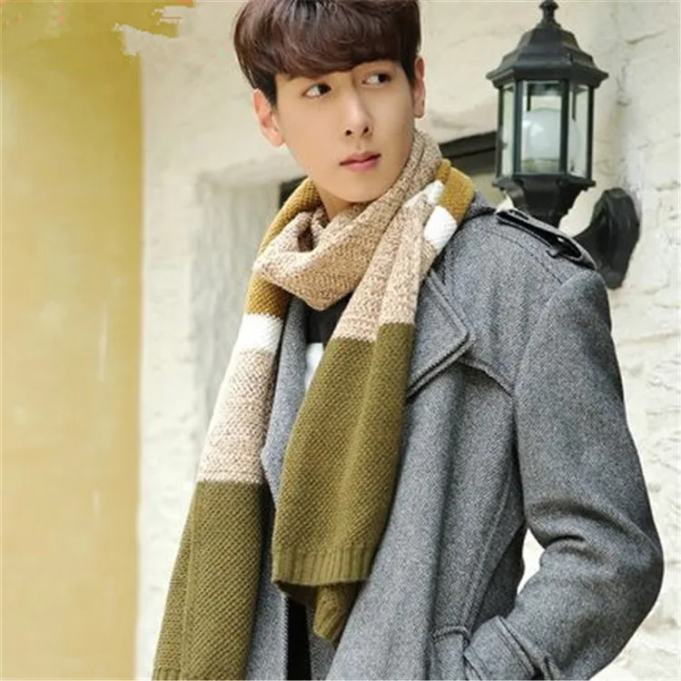 Winter Knit Patchwork Men's Scarf Shawl Fashion Student Couple Wraps Scarves Long Thick Knit Male Tippet Wool Warm Scarf Man