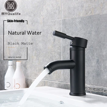 

Matte Black Single Handle Cold Hot Water Basin Faucet Bathroom Cabinet Faucet Contracted Basin Faucet Deck Mounted
