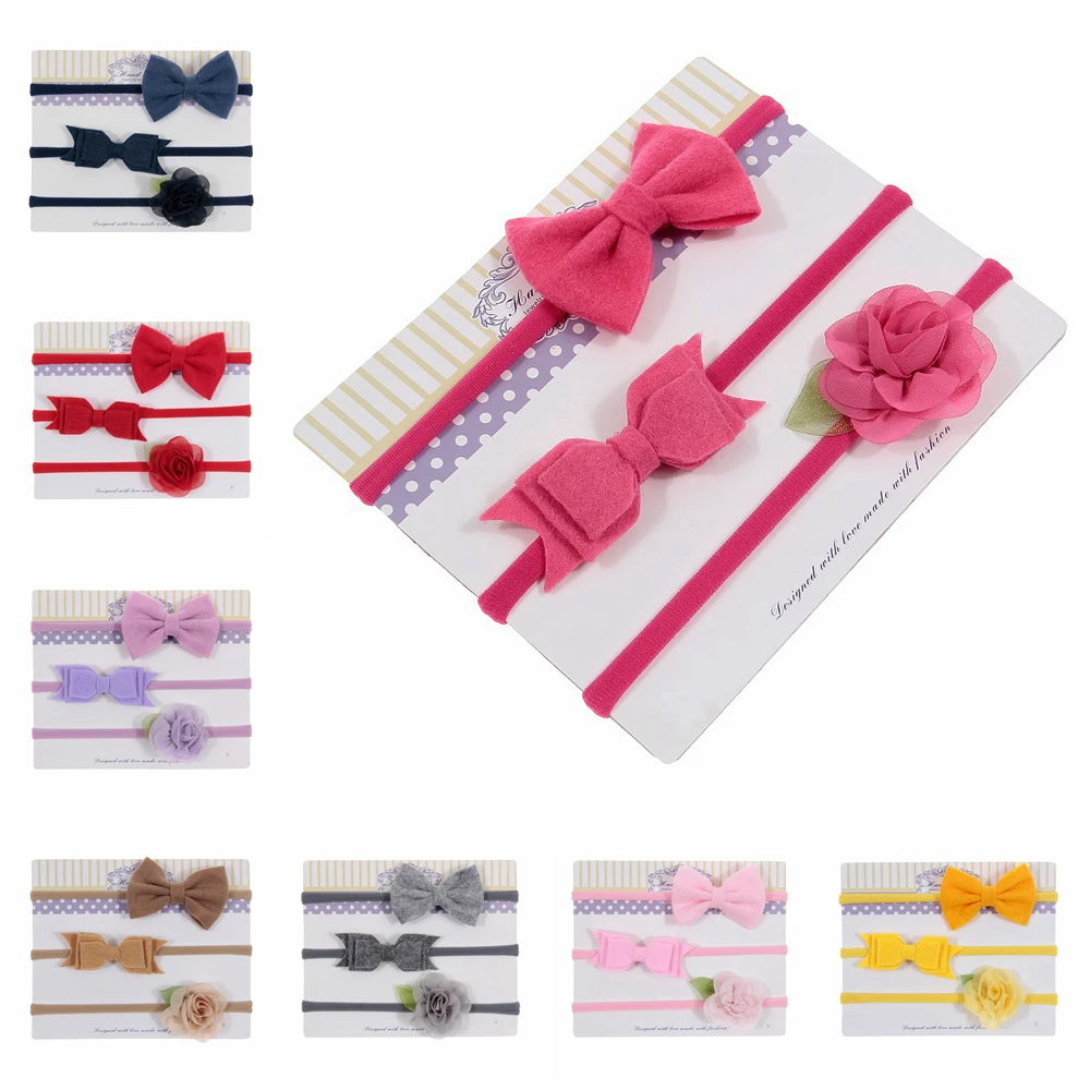 

New 3pcs/lot Felt Bow Leaf Flower Elastic Nylon Headband Kids Photography Props Baby Girls Headwear Set Cute Birthday Gifts