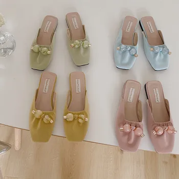 

2020 Brand Women Mules Shoes Summer Fashion Slides Designers Leather Slippers Square Toe Casual Shoes Woman Outside Flats Pink