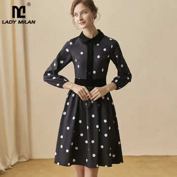 

Women's Runway Dresses Turn Down Collar Long Sleeves Palka Dots Printed Patchwork Elegant Casual Fashion Dresses