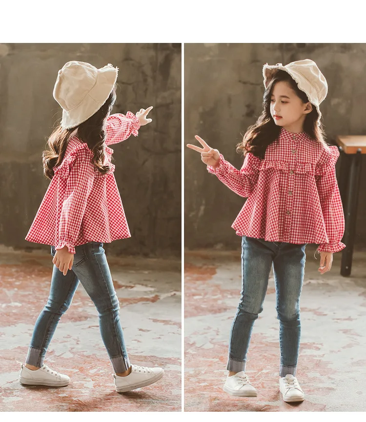 New Korean Children Shirt Girls Spring Clothing Shirt Children Plaid GIRL'S Shirt Childrenswear