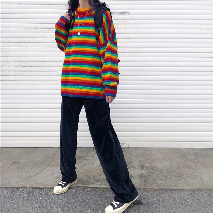 Women's Knit Sweater Loose Stripe Sweaters Long Sleeve Color Womens Pullover Japanese Kawaii Clothing Winter Clothes for Women
