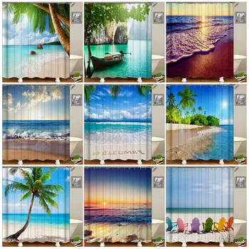 

180*180cm Shower Curtain Seaside Scenery Printed Blackout Curtains Waterproof Mildew-proof Bathroom Curtain Bathroom Accessories