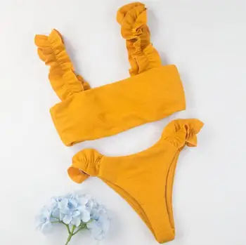 

Lady's Yellow Ruffle Shoulder Bikini set Split Bikinis Women Swimsuit Holiday Beachwear Swimwear Bathing suit Swimming Suit XL
