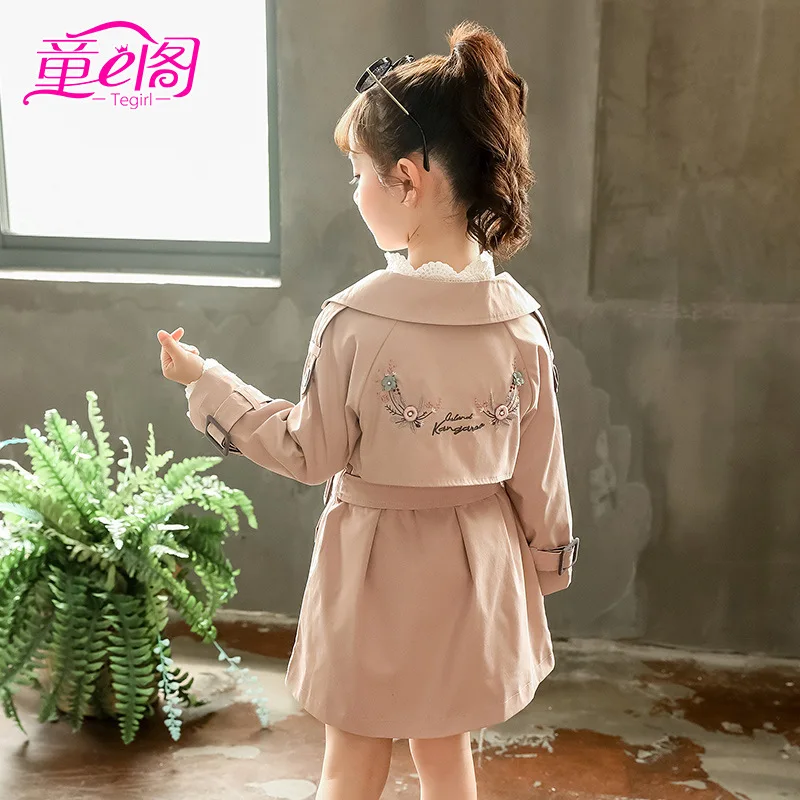 

Childrenswear Children Trench Coat Contrast Color Autumn Fold-down Collar Pointed Collar Embroidered Coat Mid-length Embroidered
