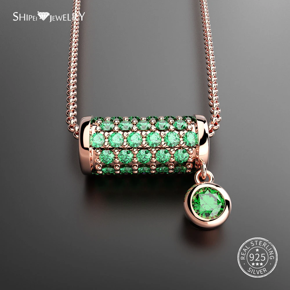 

Shipei 100% 925 Sterling Silver Fine Jewelry Sapphire Emerald Ruby Pave Setting Column Pendant Necklace for Women Birthday Gift
