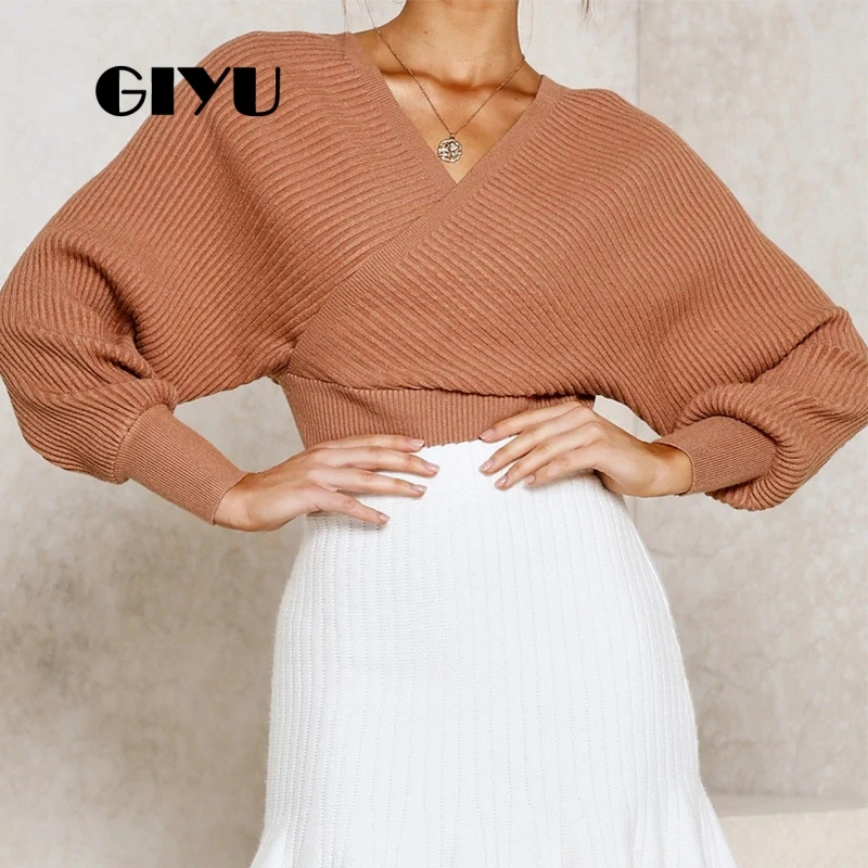 

GIYU V Neck Lantern Sleeve Drop Shoulder Sweater Wrap Autumn Winter Basic Knitted Solid Jumpers Pullover sueter mujer invierno