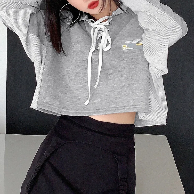 

Solid Gray Hooded Crop Top Women's Sweatshirt Long Sleeve Lace Up Women Hoodies Sexy 2020 Autumn Fashion Female Clothes