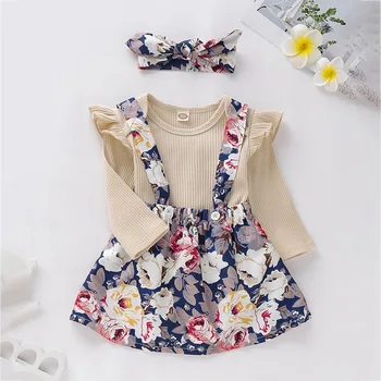 

Autumn Baby Girl Set Long Flare Sleeve Romper Tops Floral Strap Skirt Headband Outfits Clothes Sets