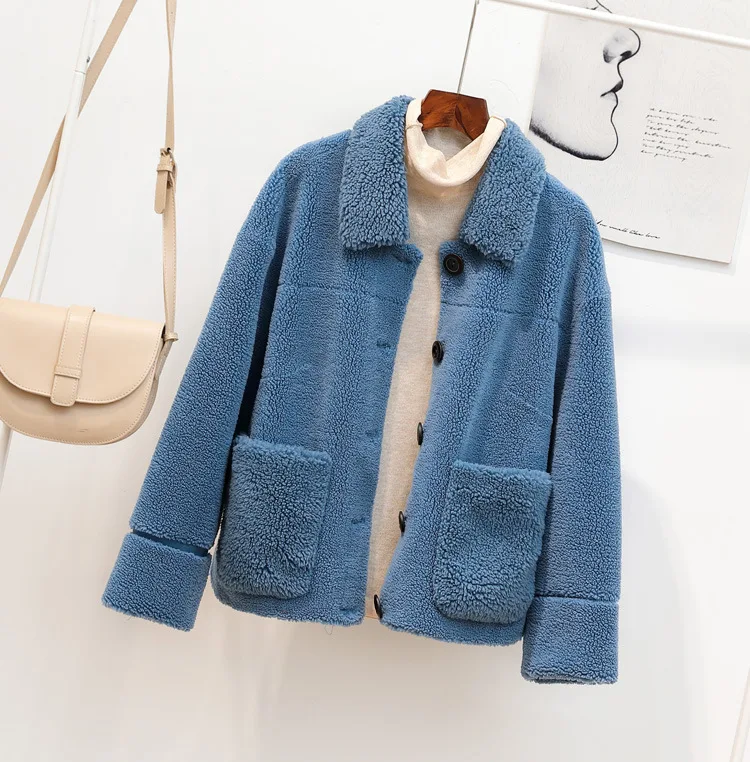 Зимние толстые однотонные плюшевые пальто и куртки из овечьей шерсти женская верхняя одежда с карманами пальто из искусственного меха женские меховые куртки cwf0198-5 - Цвет: Синий