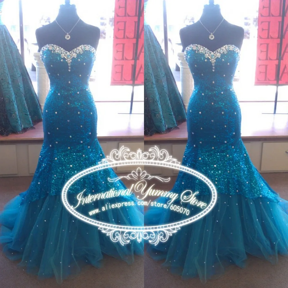 

2019 Real Photo Mermaid Blue Sequined Lace Evening Dress Prom Dress Strapless with Crystals and Sequins