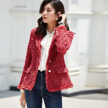 

AIGYPTOS 2020 New Autumn Red Small Fragrance Elegant Ladies Temperament Self-cultivation Commuting Rough Tweed Suit Jacket