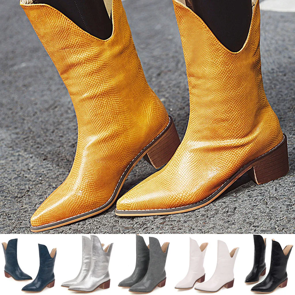 Solid Color Boots Women's Ladies Leisure Rome Large Size Slip-On Square Mid-heel Boot Shoes PU leather Booties zapatos de mujer