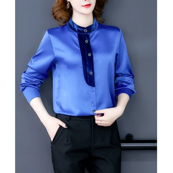 

Rayon Chiffon Blouse Women Long Sleeve Stand Collar Female Shirt Slim Solid Elegant Office Lady Tops Temperament Work Clothes