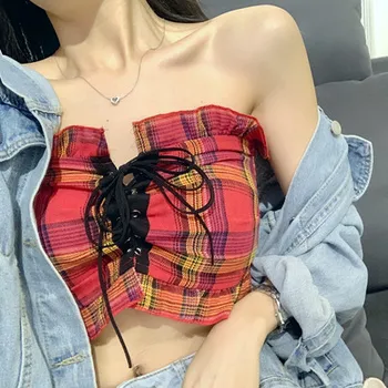 

Casual Tie Plaid Vintage Women Tube Top 3 Size 2020 Summer College Wind Streetwear Punk Female Strapless Tops