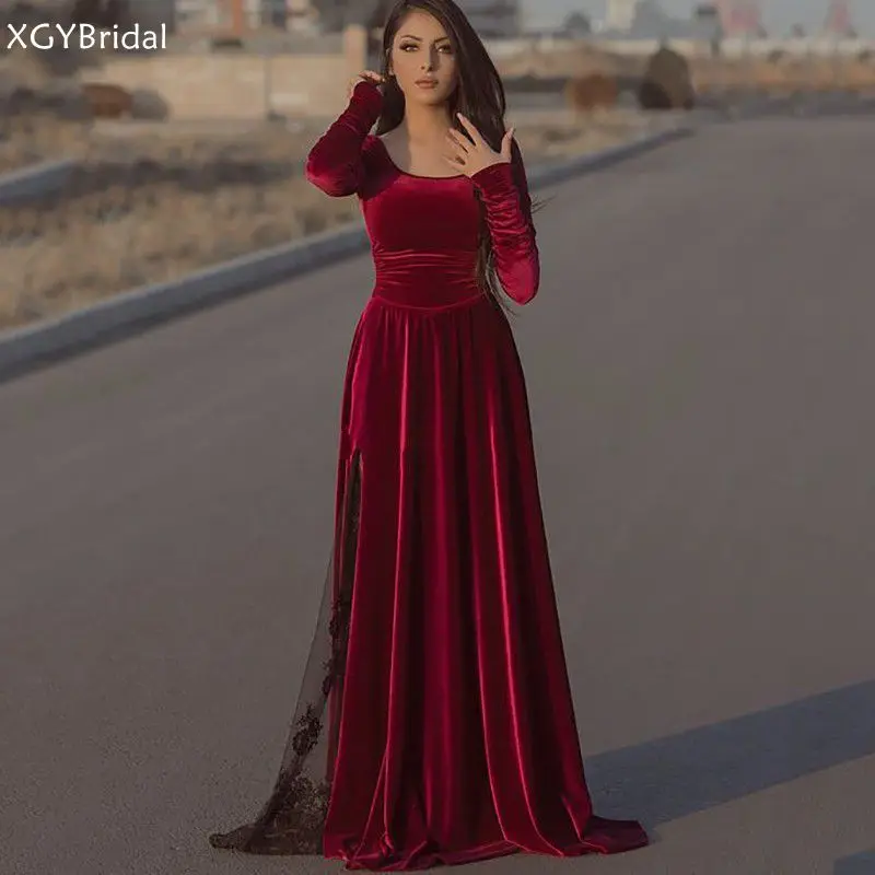

New Arrival Burgundy Velvet Caftan Evening dresses Long Sleeve Black Lace Dubai Formal Party Gowns Longo Prom Gowns
