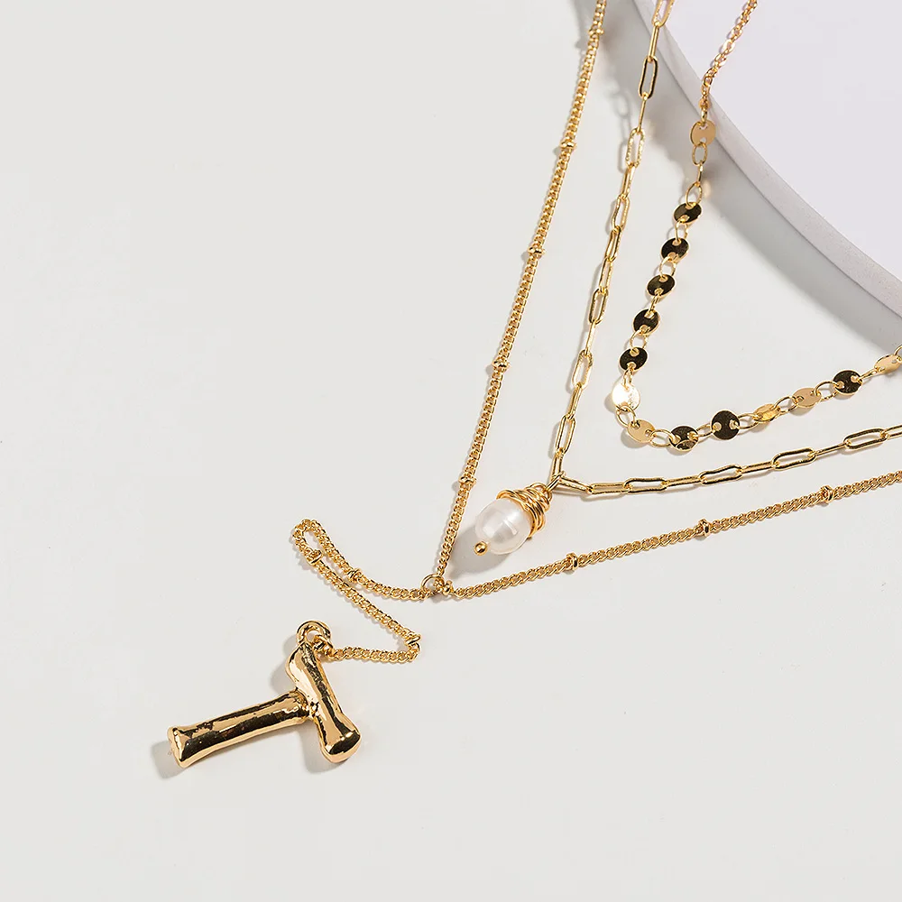 

New Bohemia Natural Pearl Pendant Necklace Multilayer Chain Necklace Initial Name Letter Necklace for Women Jewelry Party Gift