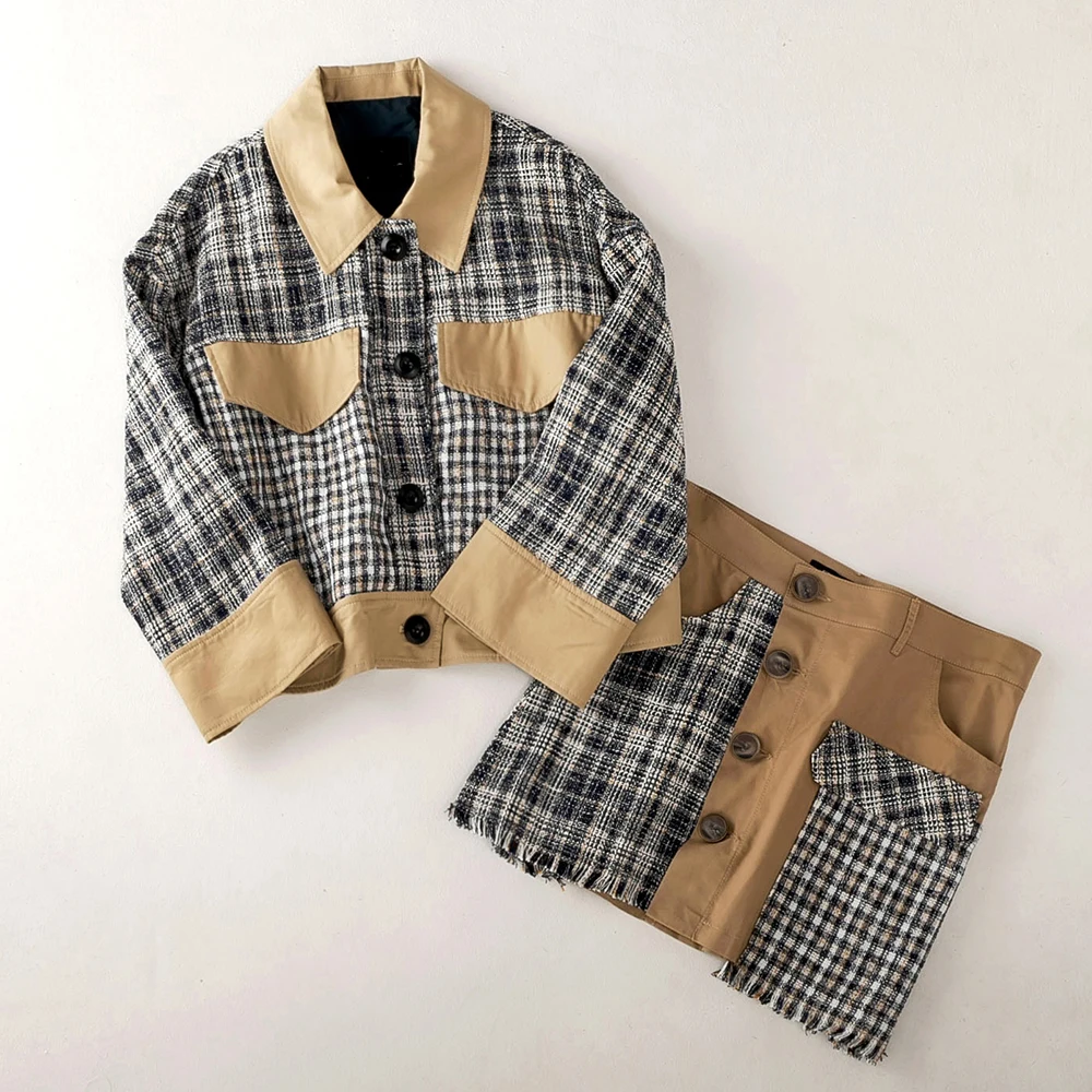 

Good Quality Plaid Jacket And Skirts Set Women 2019 Autumn Mini Skirts Two Piece Sets For Woman Stylish Woman 2 Piece Set outfit